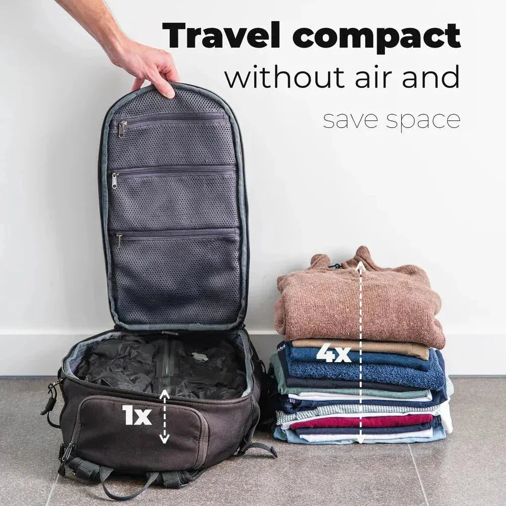 AirFold vacuum compression bags 60% more clothing space — shrink 15 bulky items instantly for travel | Sashura