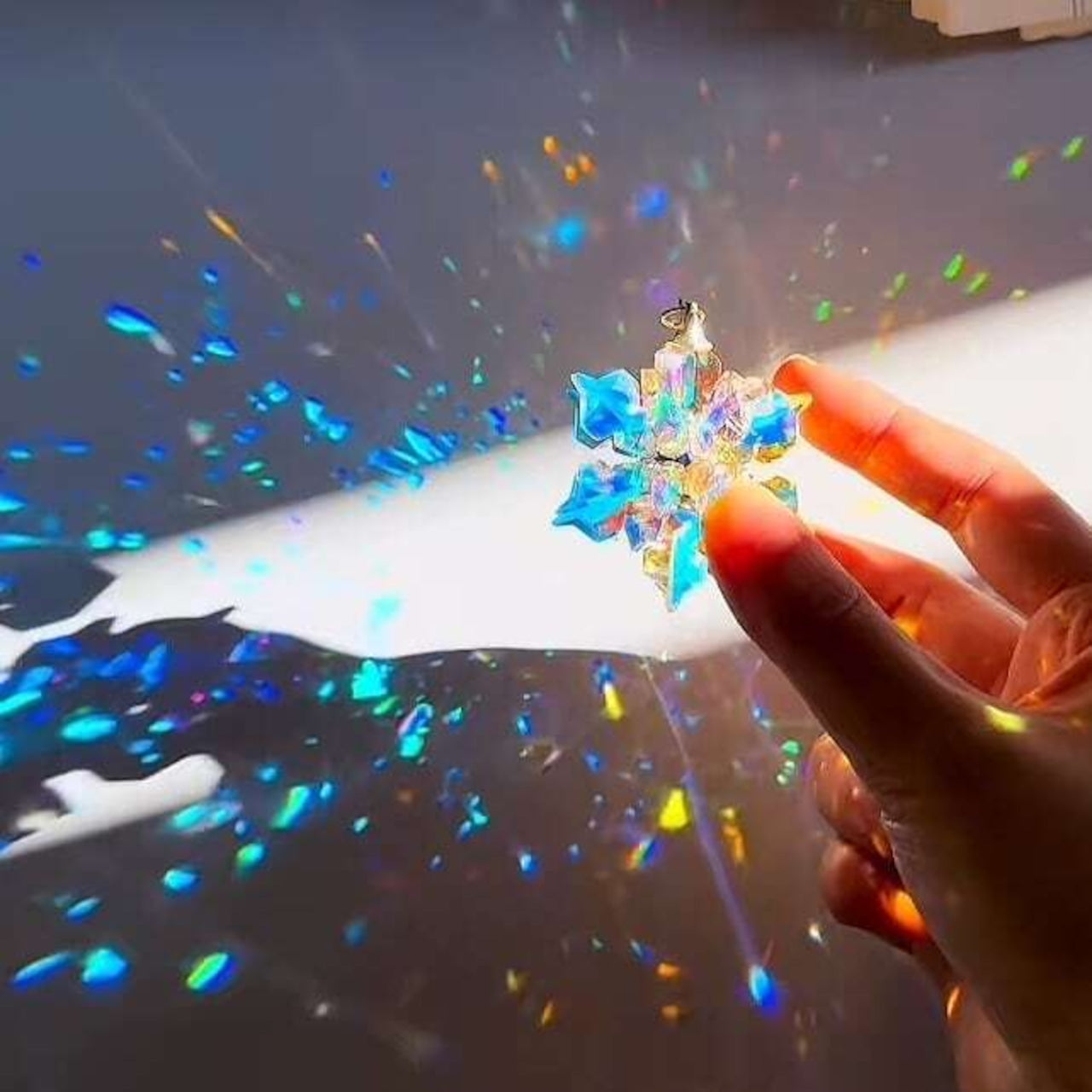 Lightbloom Snow variation crystal suncatcher by Sashura, clear natural stone window prism