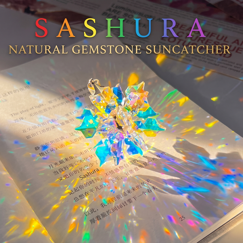 Lightbloom Snow variation crystal suncatcher by Sashura, clear natural stone window prism