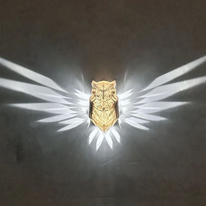 Lumifauna™ 3D Owl LED Wall Light by Sashura showing stunning illusion effect in dark room