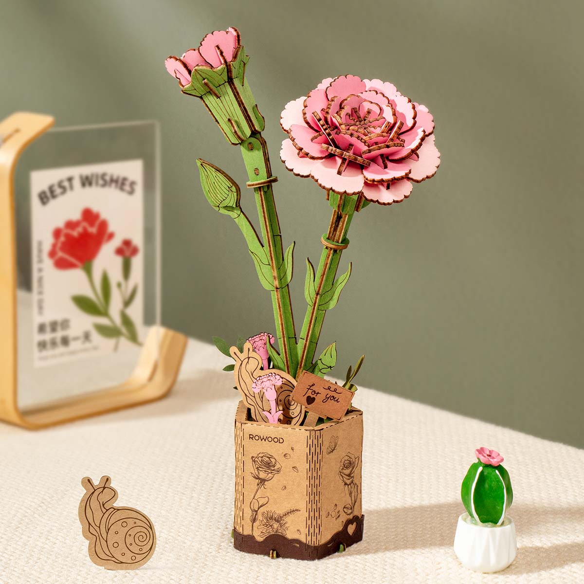 Sashura™ Elegant Pink Carnation Wooden 3D Flower Puzzle Everlasting by Sashura Premium