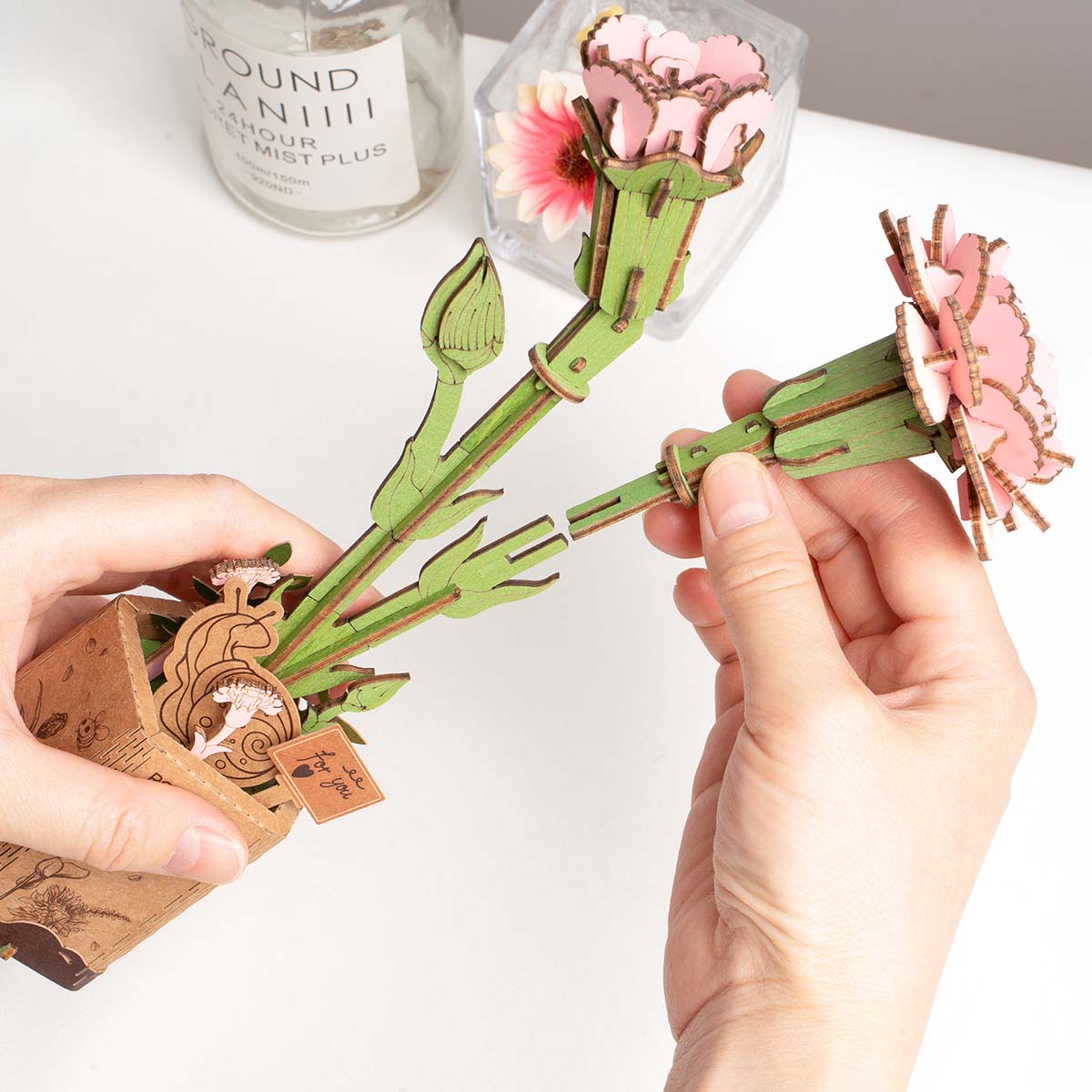 Sashura™ Elegant Pink Carnation Wooden 3D Flower Puzzle Everlasting by Sashura Premium