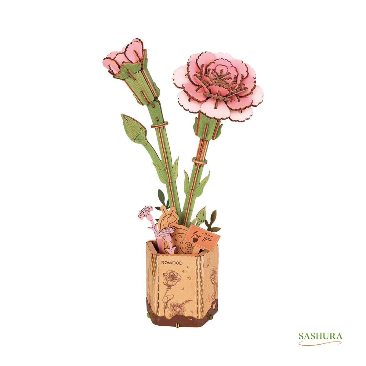 Sashura™ Elegant Pink Carnation Wooden 3D Flower Puzzle Everlasting by Sashura Premium