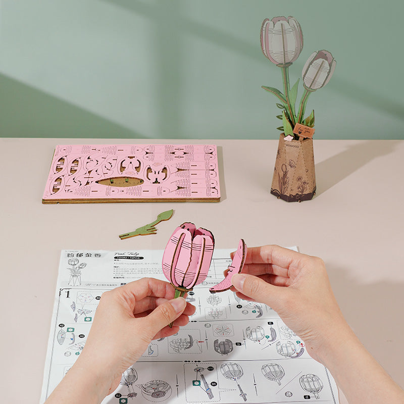 Sashura™ Elegant Pink Tulip Wooden Puzzle - Everlasting Floral Decor by Sashura Premium