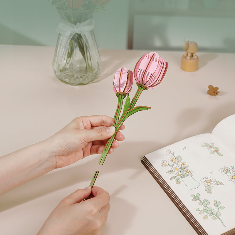 Sashura™ Elegant Pink Tulip Wooden Puzzle - Everlasting Floral Decor by Sashura Premium