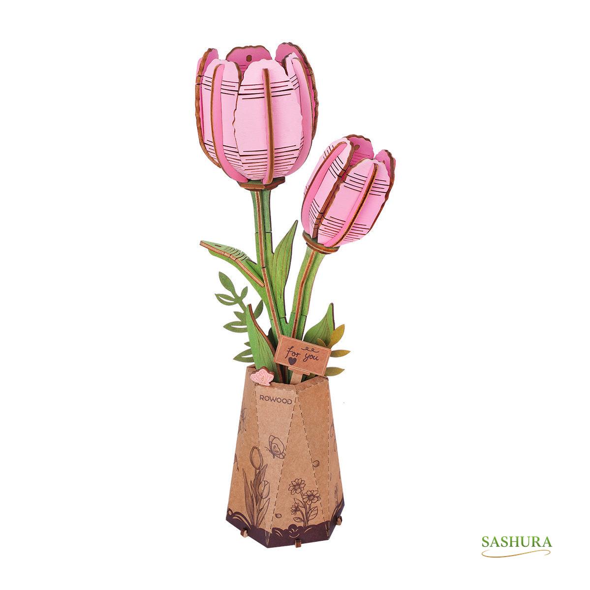 Sashura™ Elegant Pink Tulip Wooden Puzzle - Everlasting Floral Decor by Sashura Premium