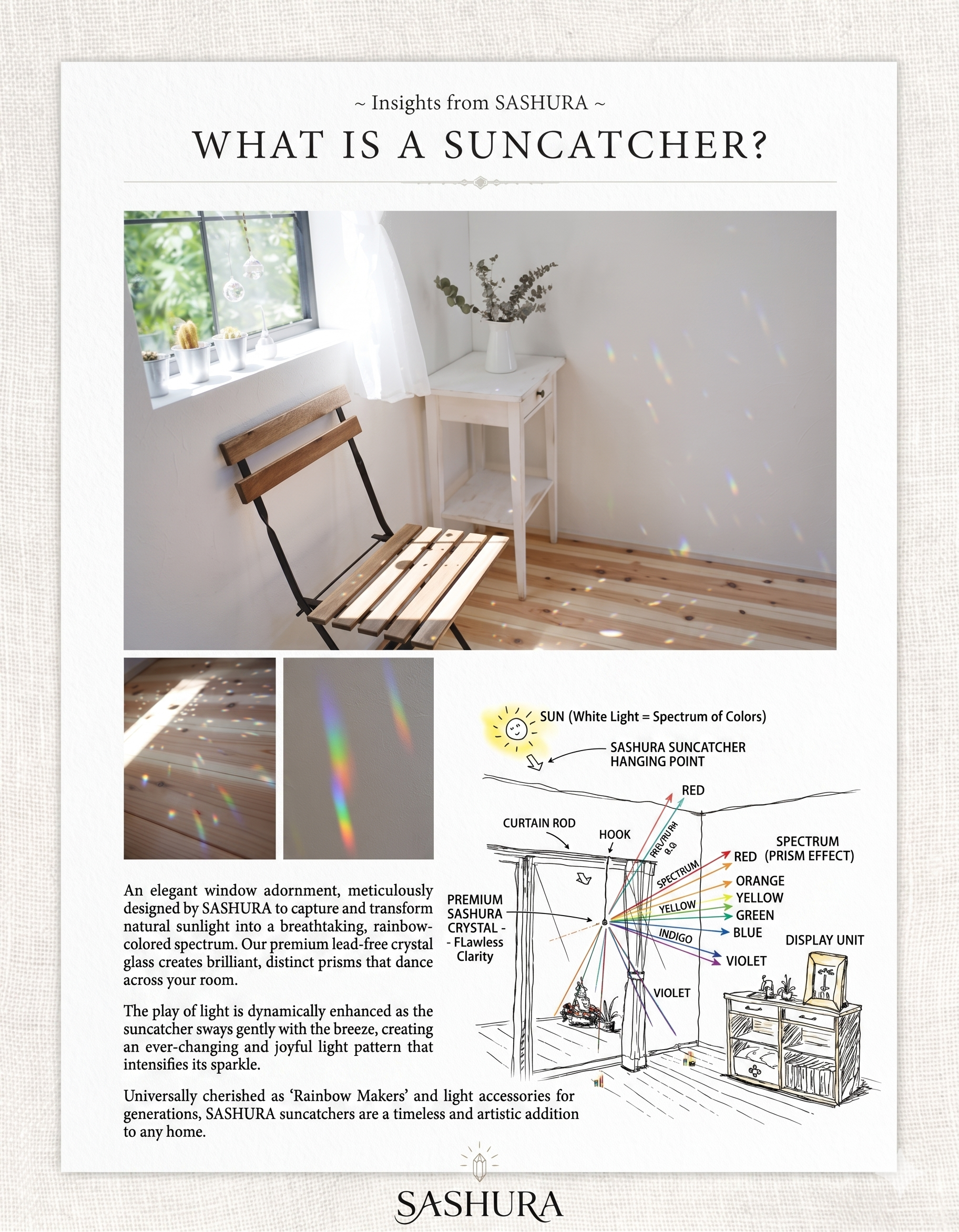 Educational infographic explaining how the Sashura Lightbloom suncatcher works. An illustrated diagram shows sunlight hitting the crystal prism and separating into a full rainbow spectrum, alongside lifestyle photos of the vibrant light patterns.