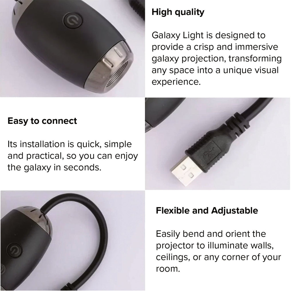 StarVeil AuraDrift Light feature highlights showing high quality star projection, easy USB connection and flexible adjustable neck for any room