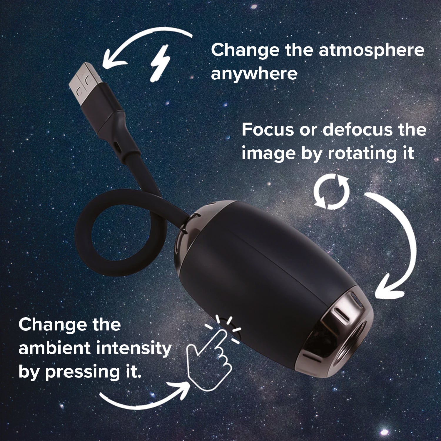 StarVeil AuraDrift Light usage guide showing how to change atmosphere via USB, adjust focus by rotating, and control ambient intensity with button